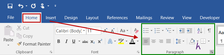 Bôi đen đoạn văn → tab Home → Paragraph (biểu tượng mũi tên nhỏ).