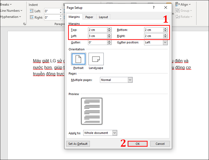 Layout → Margins →  Custom Margins.., thiết lập lề chuẩn
