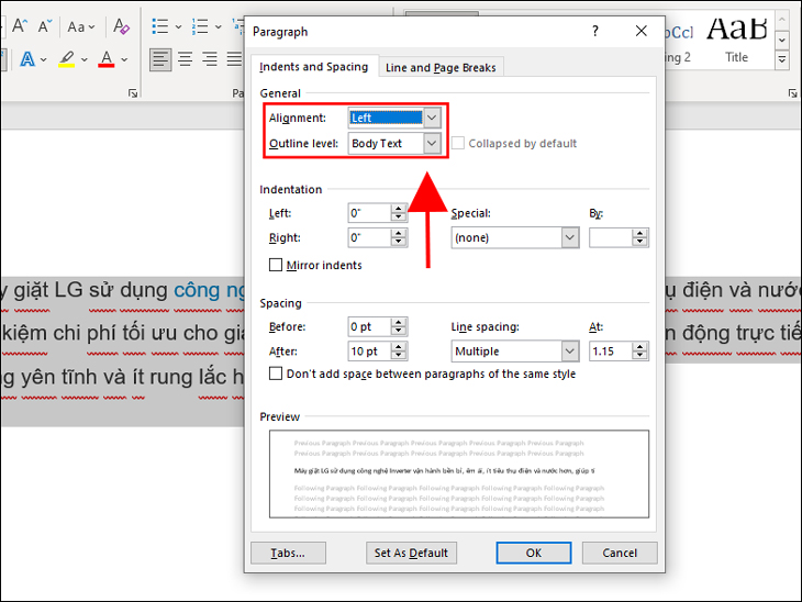 General → Alignment: Căn lề trái, phải, giữa hoặc đều hai bên.
Indentation: Thụt đầu dòng hoặc điều chỉnh lề trái/phải.
Spacing:
+ Before: Khoảng cách trước đoạn.
+ After: Khoảng cách sau đoạn.
+ Line Spacing: Khoảng cách giữa các dòng