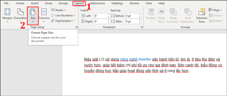 Vào tab Layout → Size để lựa chọn khổ giấy A4 (chuẩn cho báo cáo, văn bản hành chính).
